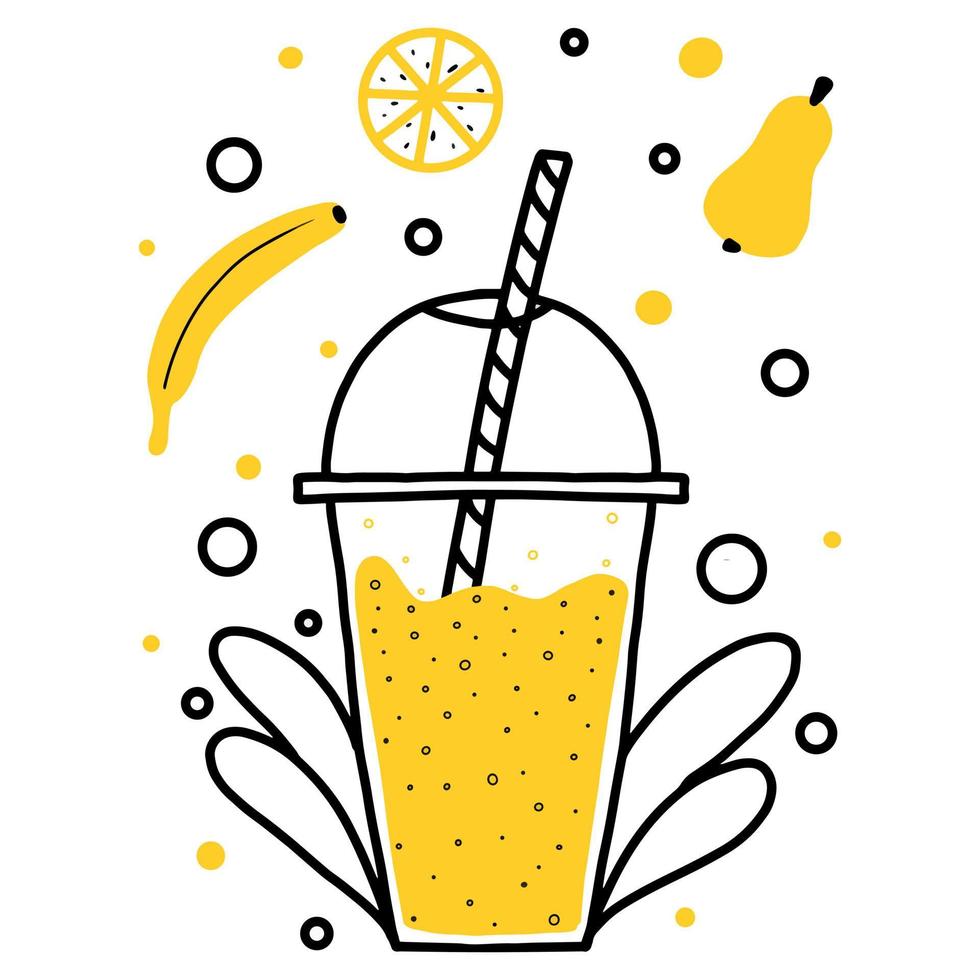 ilustração em vetor de smoothie amarelo. batido de frutas amarelas. estilo doodle.