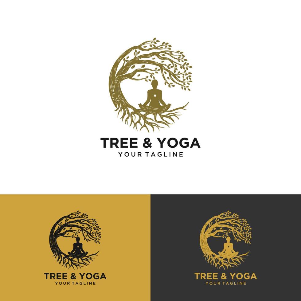 logotipo de ioga de árvore. silhueta de uma pessoa em meditação em uma moldura redonda. a imagem da natureza, a árvore da vida. desenho do emblema do tronco, folhas, coroa e raízes do vetor do logotipo tree.yoga,