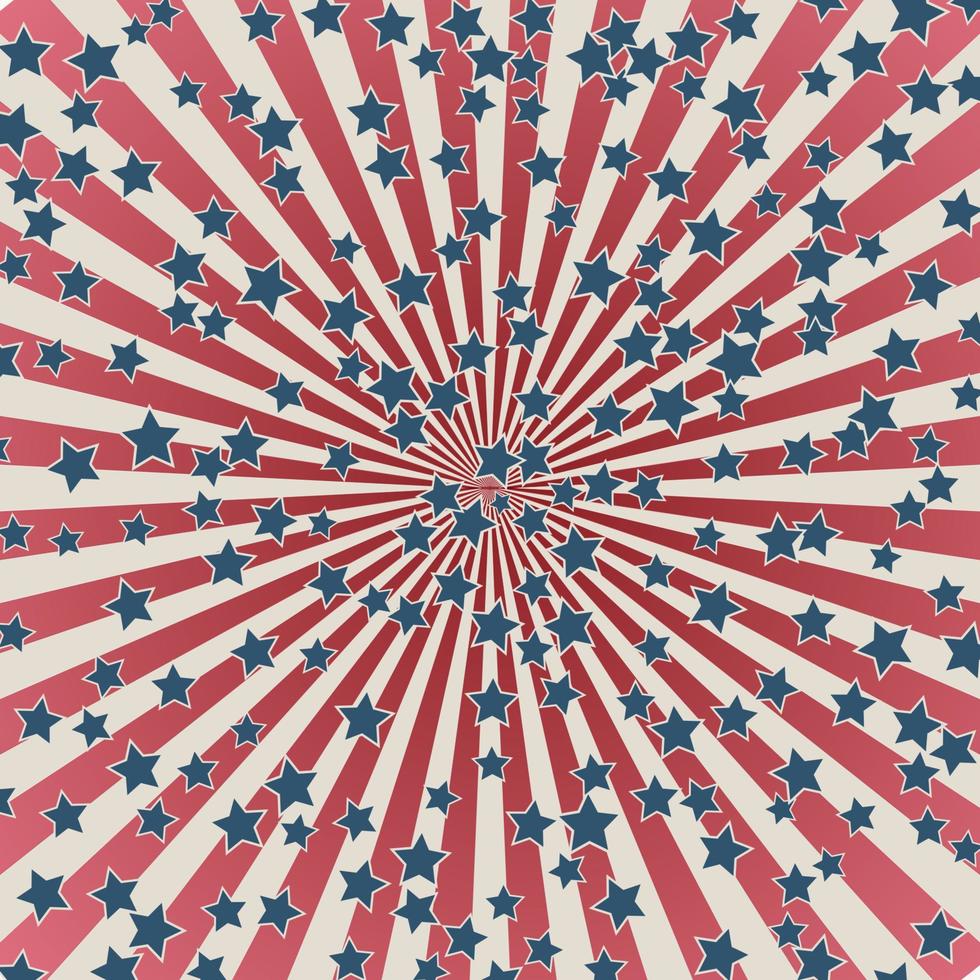 Estados Unidos dia da independência 4 de julho ou bandeira do dia do memorial. ilustração em vetor patriótico retrô. listras concêntricas e confetes de estrelas nas cores da bandeira americana.