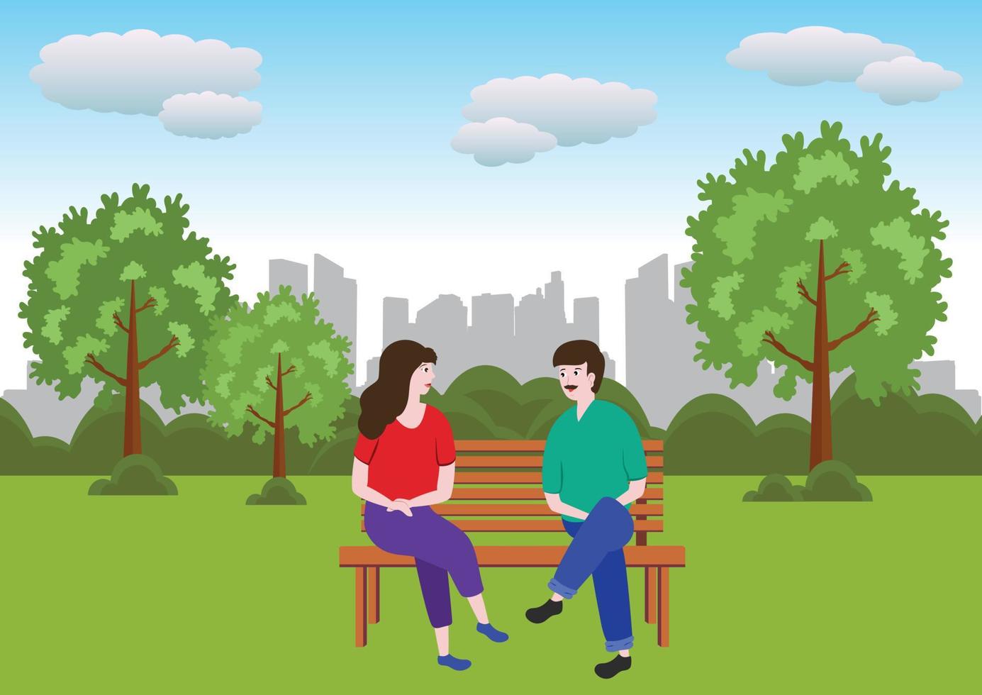duas pessoas no parque da cidade sentadas em um banco ilustração vetorial vetor