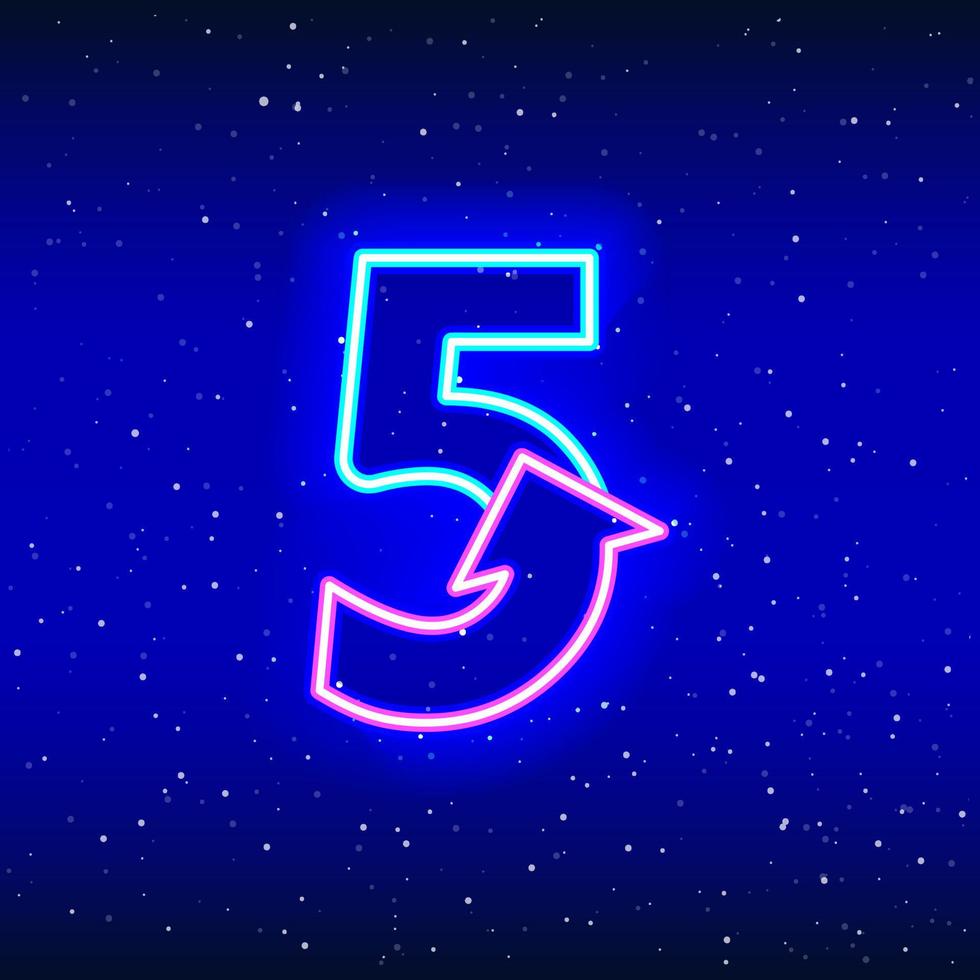 número 5 e ícone de sinal de seta na cor azul neon e rosa. numeral cinco com setas de estrelas espaciais. design de dígito linear neon. ícone de néon realista. ícone linear em fundo azul vetor