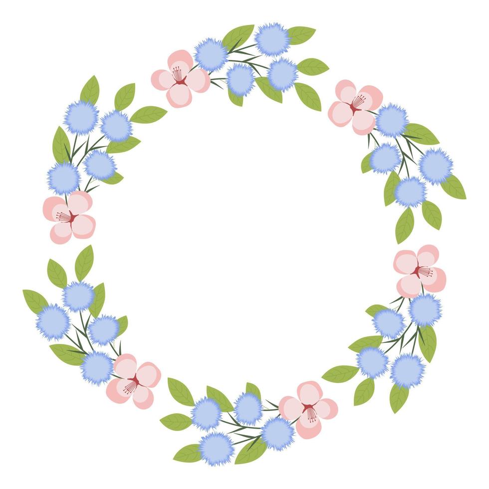 coroa de flores. ilustração vetorial. flores rosa pálidas e azuis, folhas verdes. design para convites e cartões. vetor