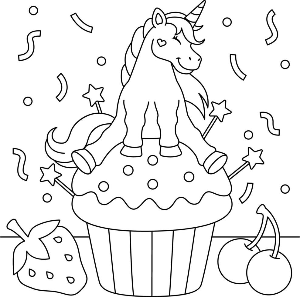 Desenho de cup cake de sobremesas de unicórnio e sorvete para colorir