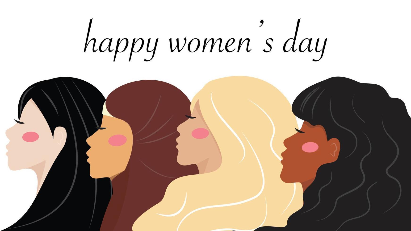 feliz dia internacional da mulher com rostos femininos. grupo de mulheres multiculturais com os olhos fechados. ilustração do conceito de diversidade. vetor