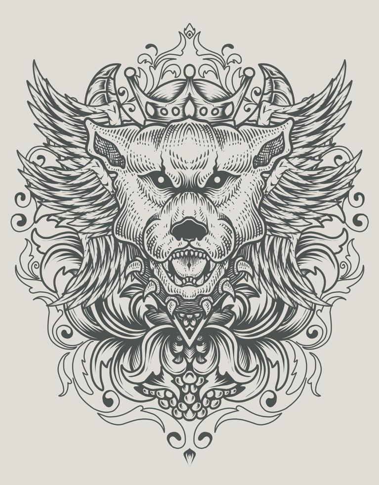 cabeça de cachorro vintage de ilustração com ornamento de gravura vetor