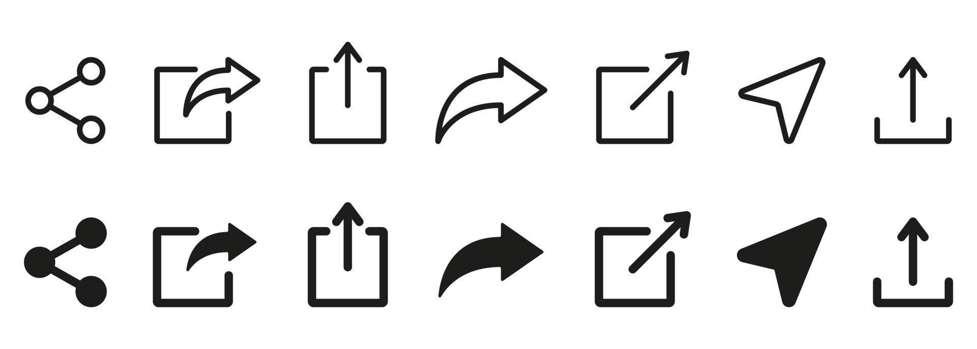 botão de compartilhamento de link para linha de mídia social e ícone de silhueta. setas símbolo compartilhar link para o ícone de contorno do site. enviar pictograma linear de sinal de dados. ilustração vetorial isolado. vetor