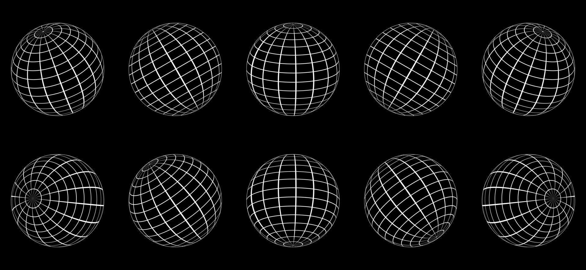 esfera de grade globo branco em fundo preto. latitude global da terra do fio 3d, longitude. globo de planeta 3d de linha com fio. bola de malha de grade redonda geométrica. superfície do globo de wireframe. vetor isolado