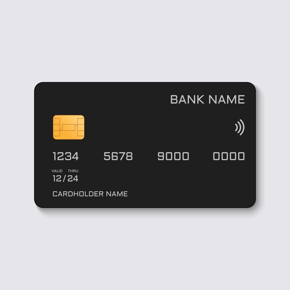 cartão de crédito simulado preto para comércio eletrônico. modelo de cartão bancário com chip de ouro. cartão de plástico preto para transações de débito e crédito. ilustração vetorial isolado. vetor