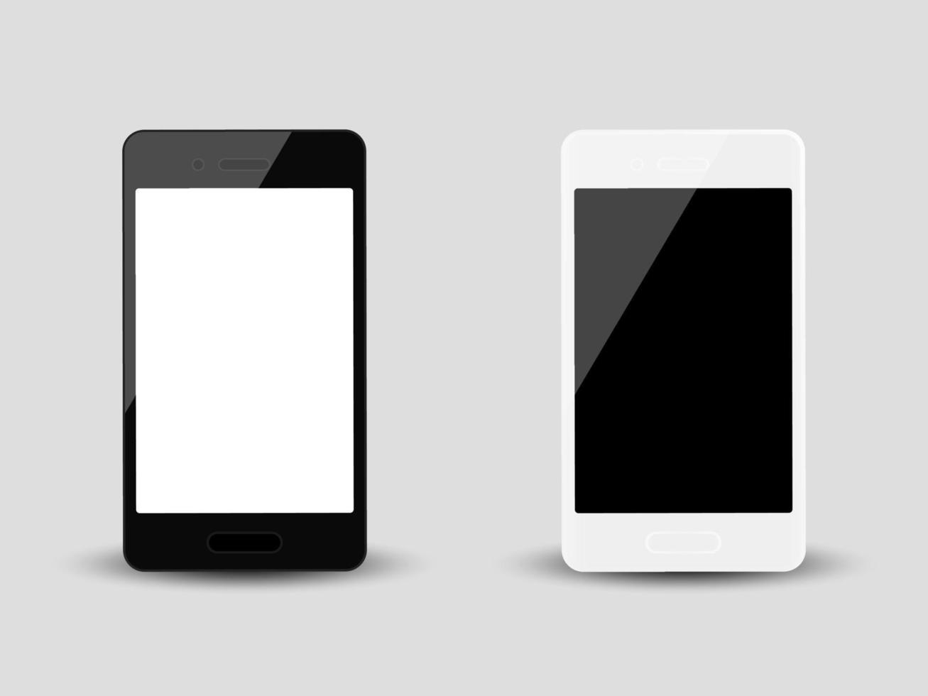 conjunto de maquete de smartphone realista. telefone preto e branco sobre fundo cinza. maquete de vista frontal de exibição de celular. vetor