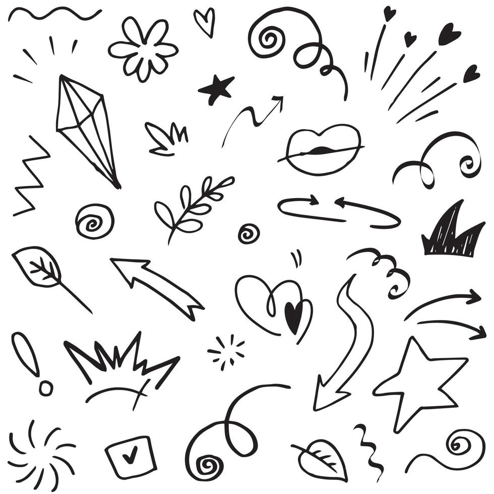 setas abstratas, fitas, coroas, corações, explosões e outros elementos em estilo desenhado à mão para design de conceito. ilustração de doodle. modelo de vetor para decoração