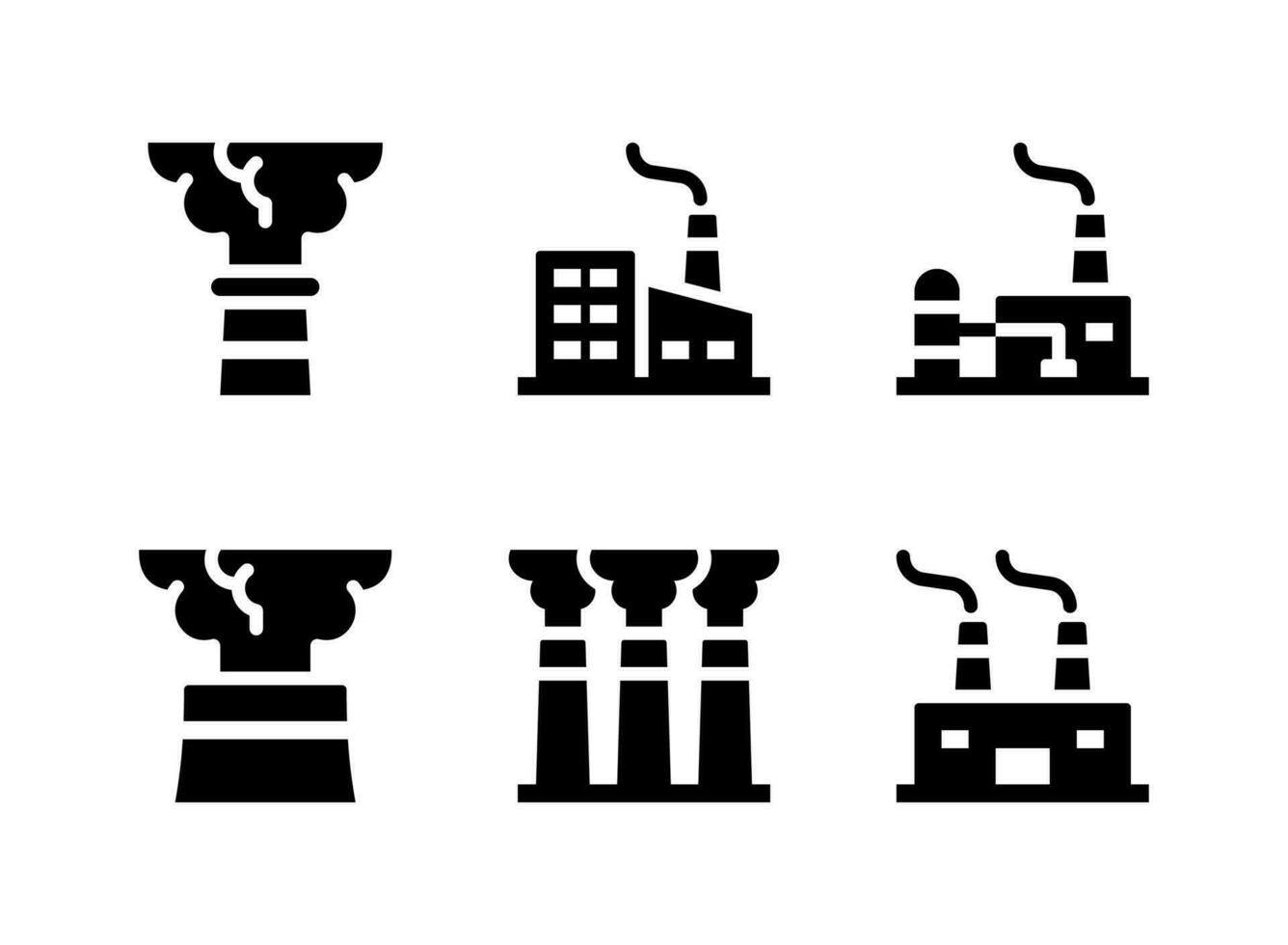 conjunto simples de ícones sólidos vetoriais relacionados à fábrica. contém ícones como poluição do ar, construção industrial e muito mais. vetor
