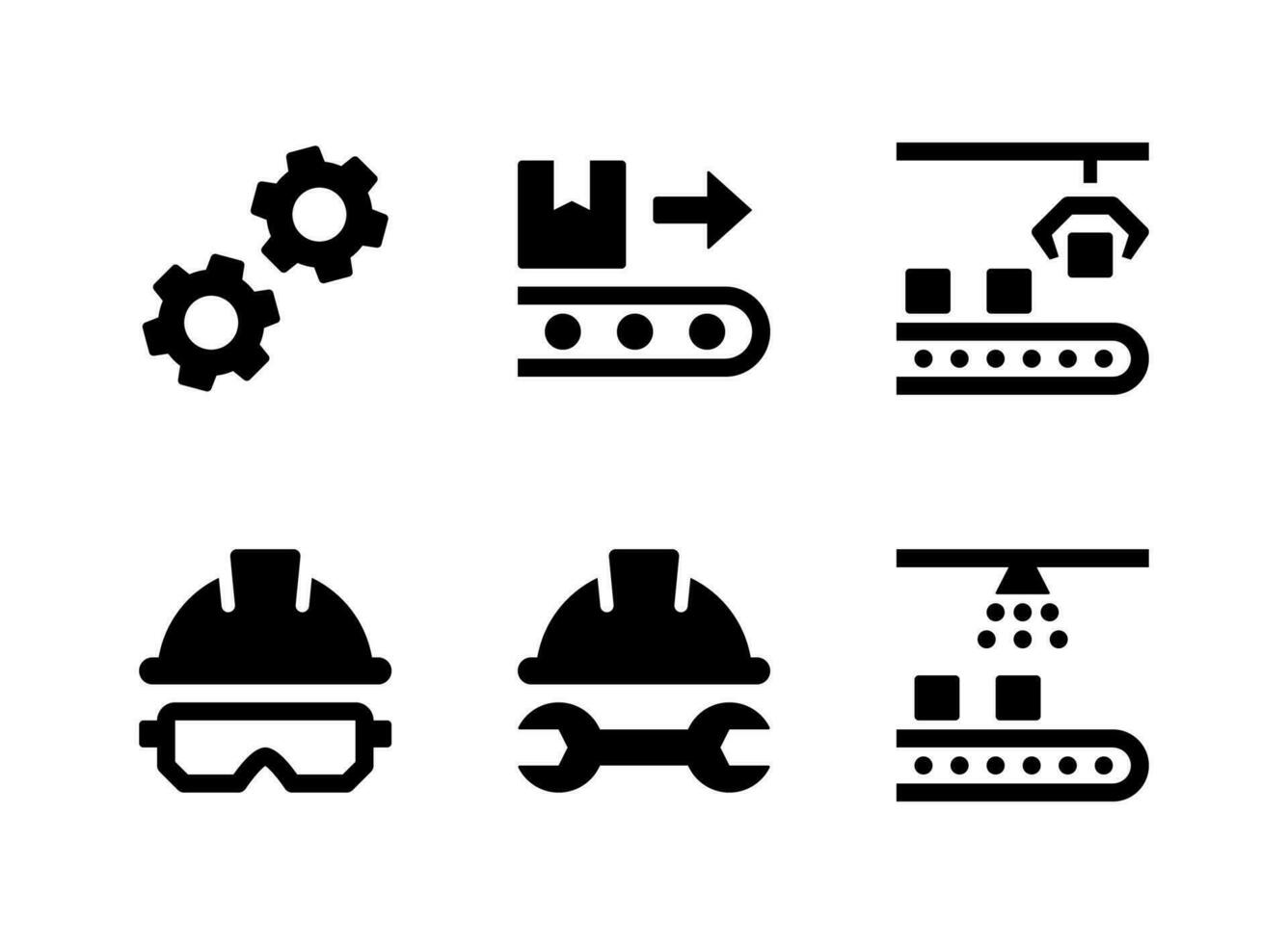 conjunto simples de ícones sólidos vetoriais relacionados à fábrica. contém ícones como engrenagens, transportador, chapéu de cervo e muito mais. vetor