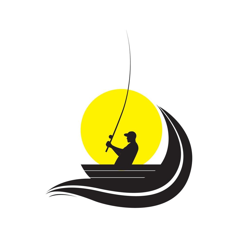 jovem de silhueta com design de logotipo de pesca de barco, ideia criativa de ilustração de ícone de símbolo gráfico vetorial vetor