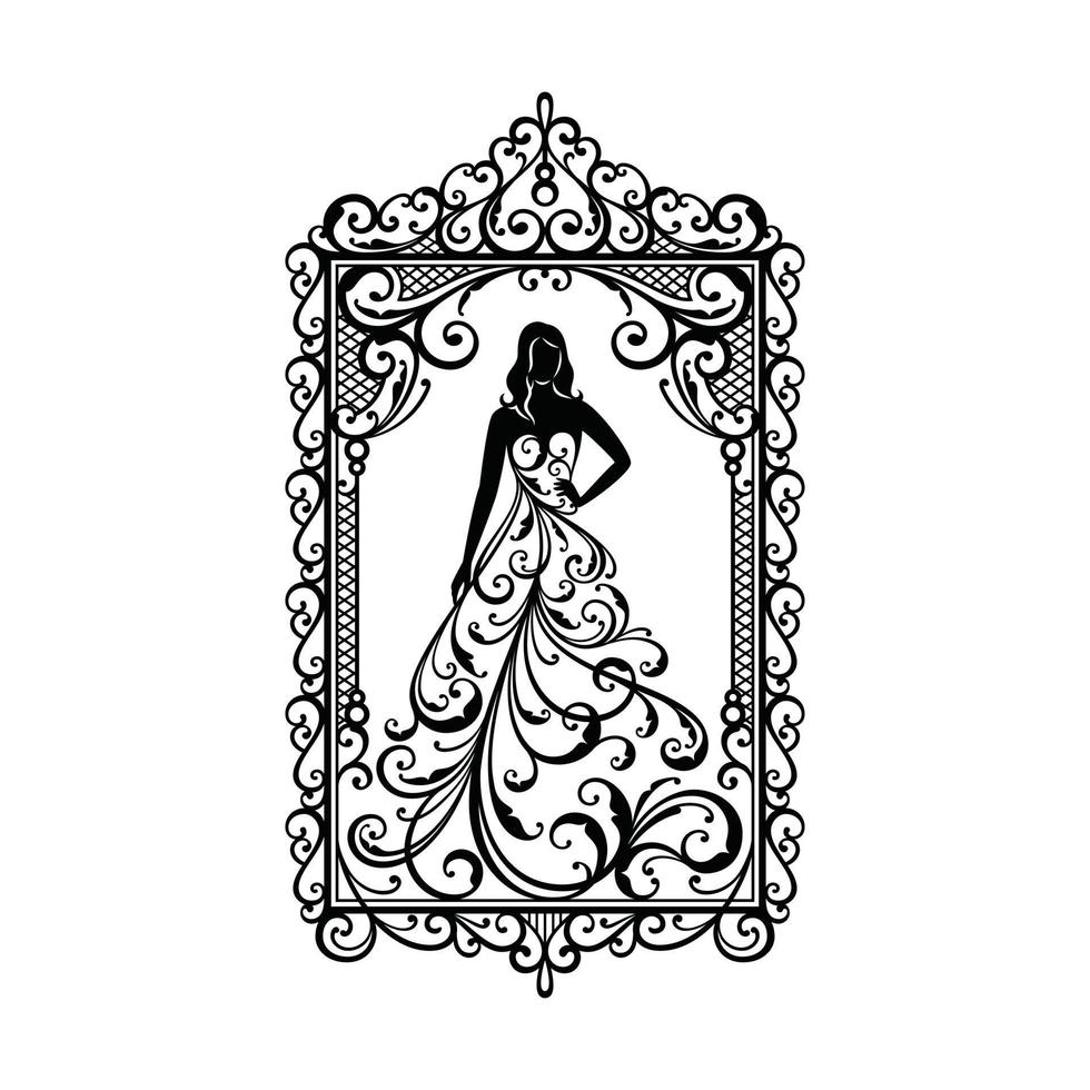 mulher de ornamento de silhueta em vestido para decoração de casamento vetor