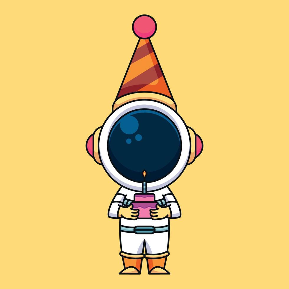 astronauta carregando bolo de aniversário, ilustração de ícone de desenho animado fofo vetor