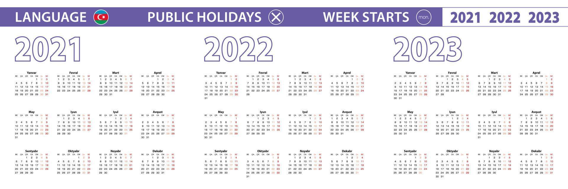 modelo de calendário simples no azerbaijão para 2021, 2022, 2023 anos. semana começa a partir de segunda-feira. vetor
