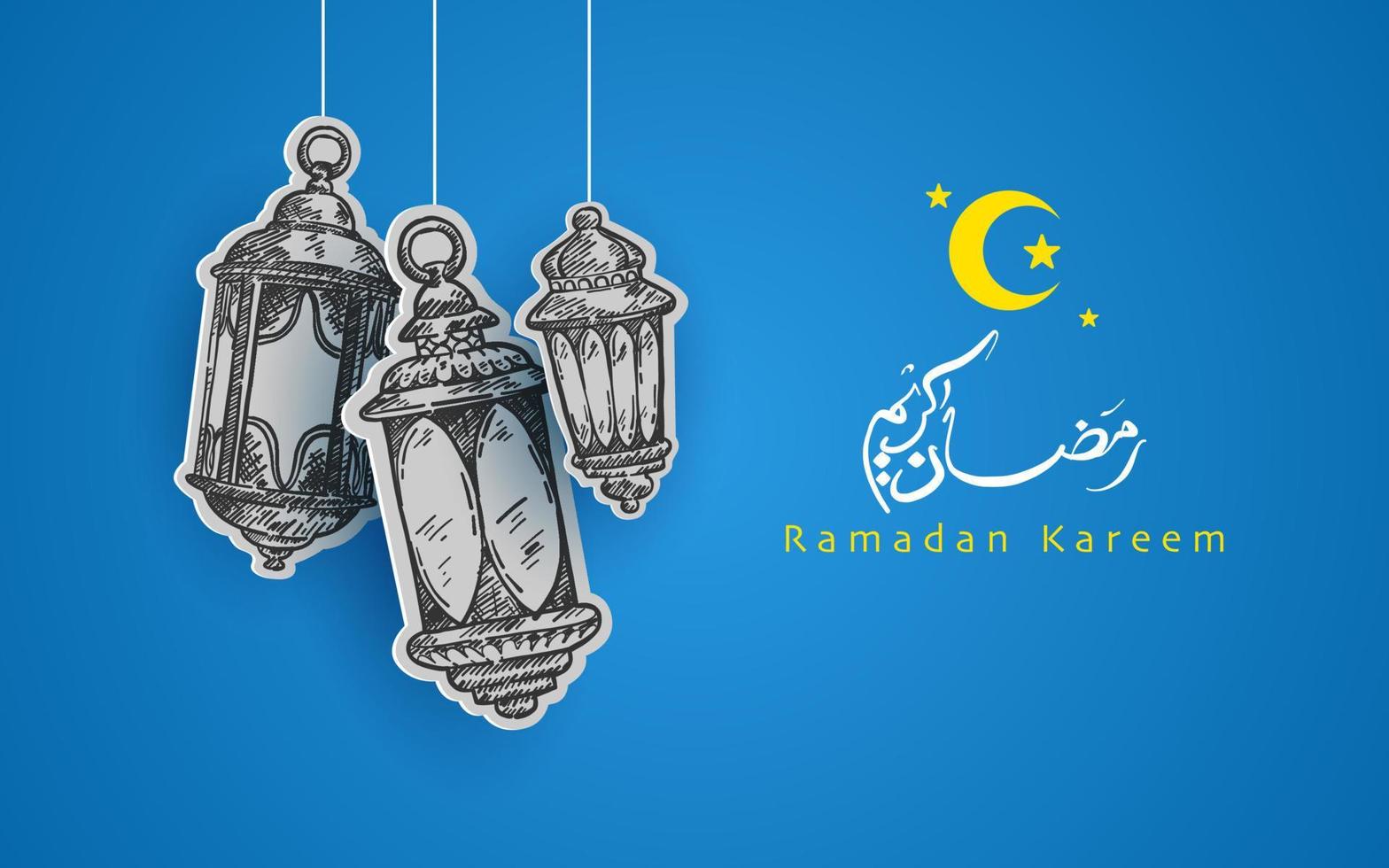 ramadan kareem desenhado à mão. design islâmico com belas cores e caligrafias. vetor