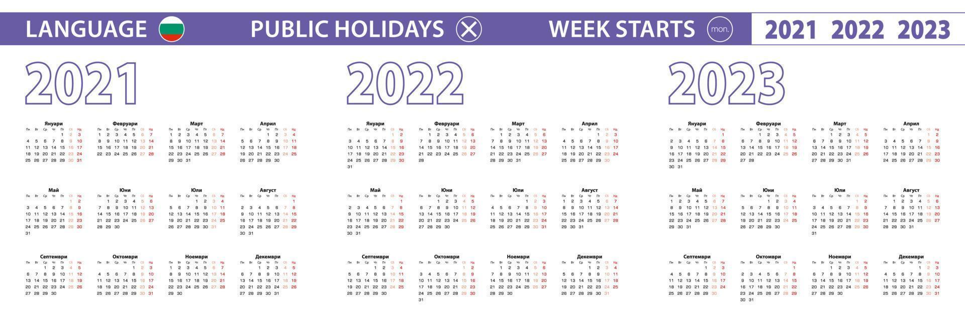 modelo de calendário simples em búlgaro para 2021, 2022, 2023 anos. semana começa a partir de segunda-feira. vetor