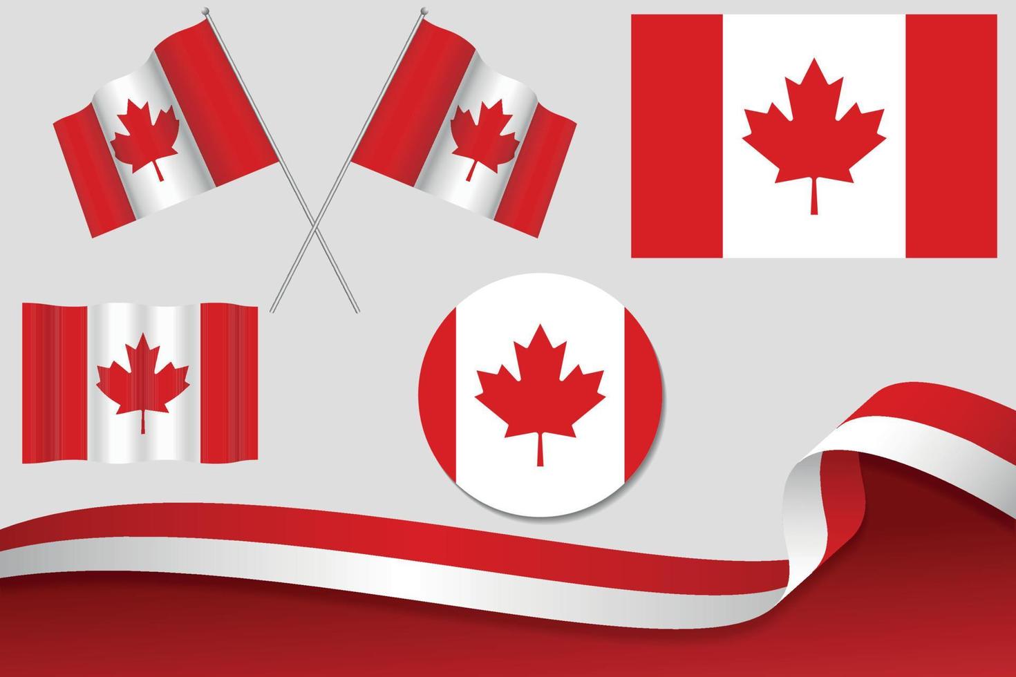 conjunto de bandeiras do Canadá em diferentes designs, ícone, bandeiras com fita com fundo. vetor livre