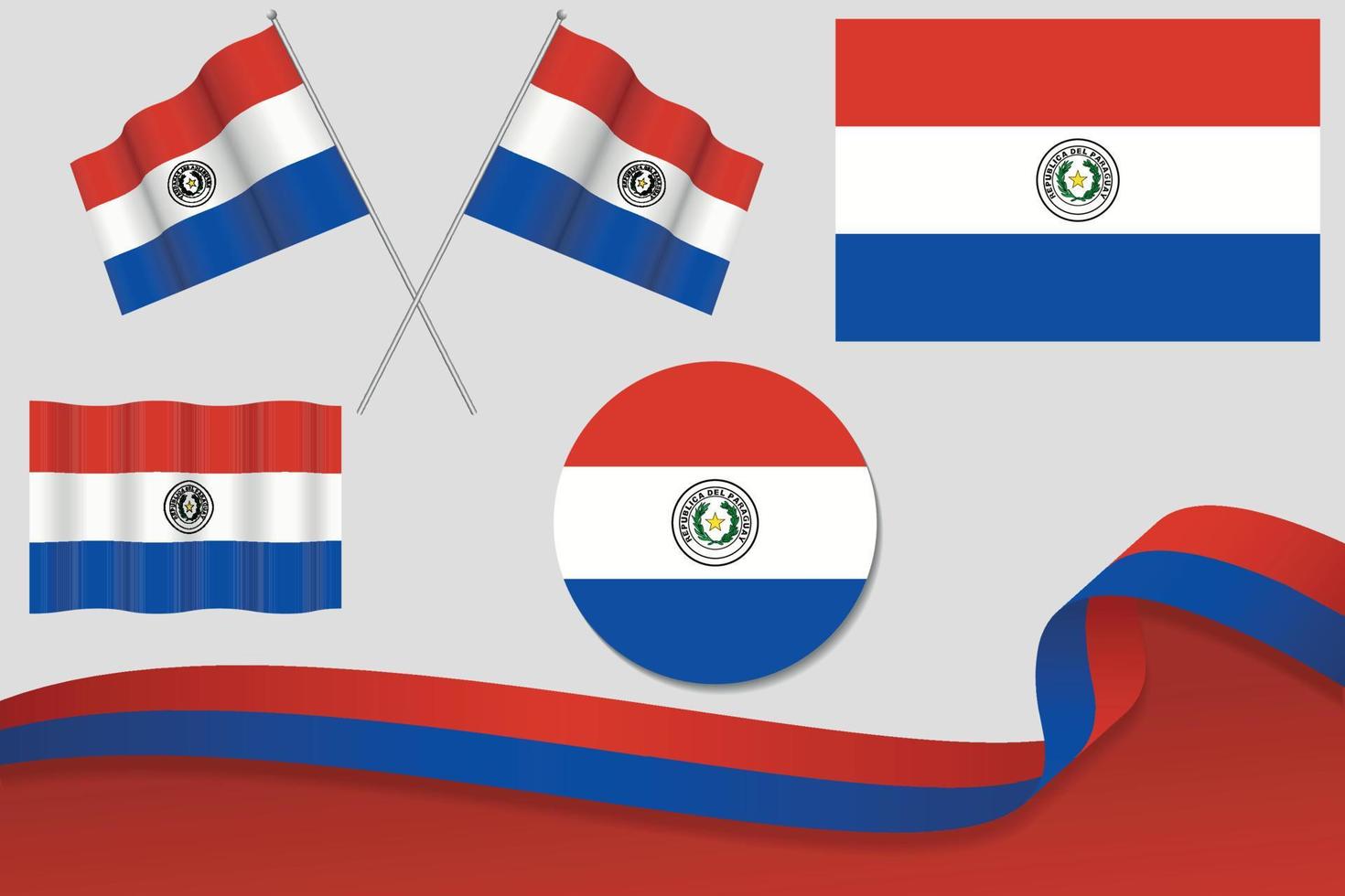 conjunto de bandeiras do paraguai em diferentes designs, ícone, bandeiras com fita com fundo. vetor livre