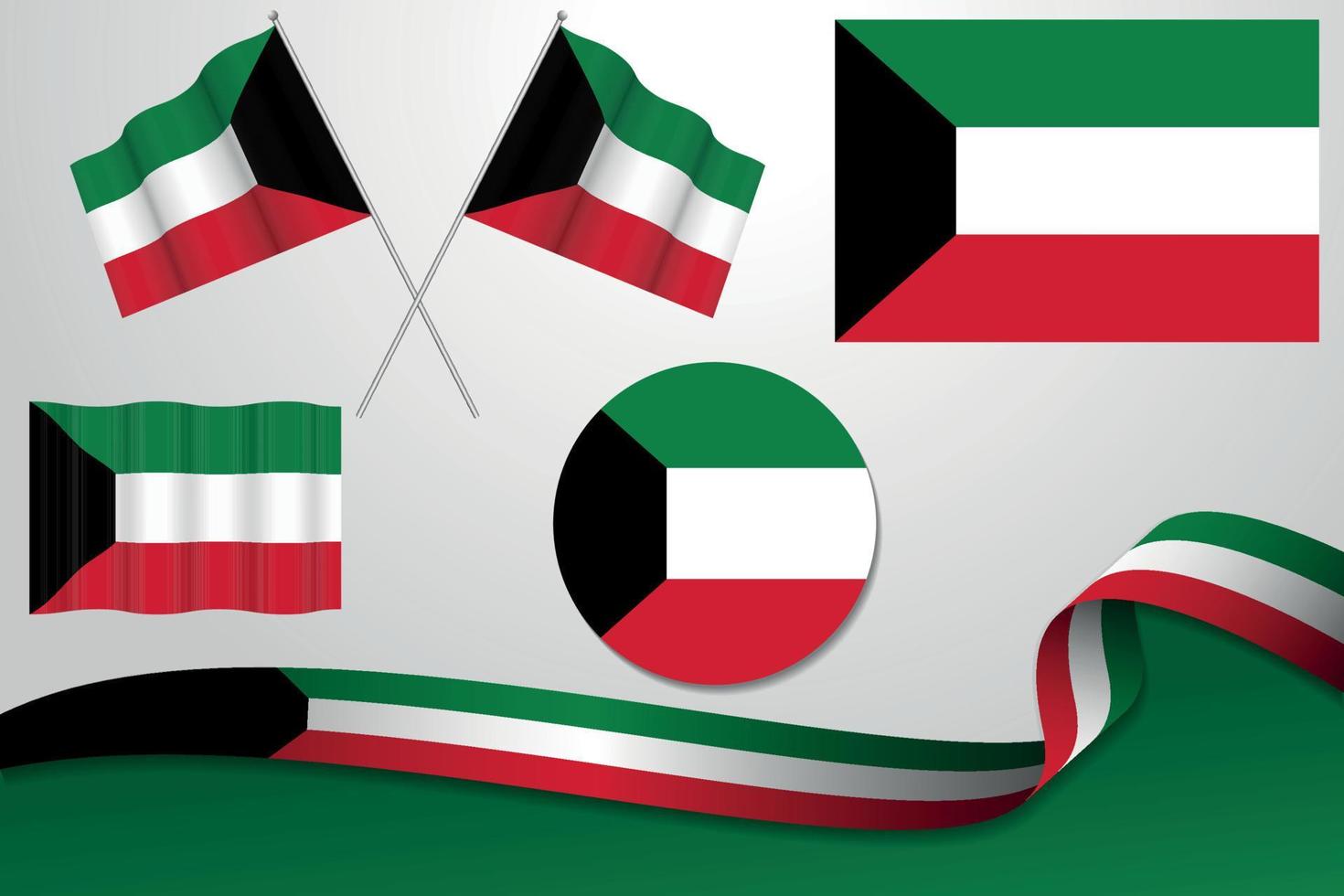 conjunto de bandeiras do kuwait em diferentes designs, ícone, bandeiras esfoladas com fita com fundo. vetor livre