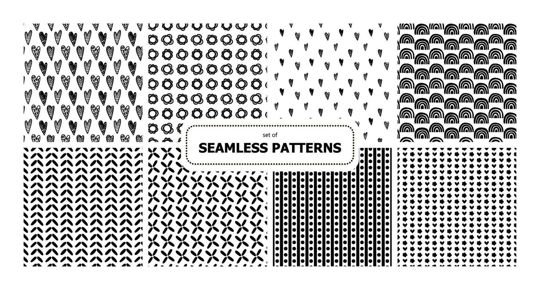 conjunto de padrões sem emenda de vetores. telha de repetição de design de superfície. Preto e branco. doodle avião mão desenhada traços corações flores ornamento. fundo para cartões, impressão em papel e tecido. vetor