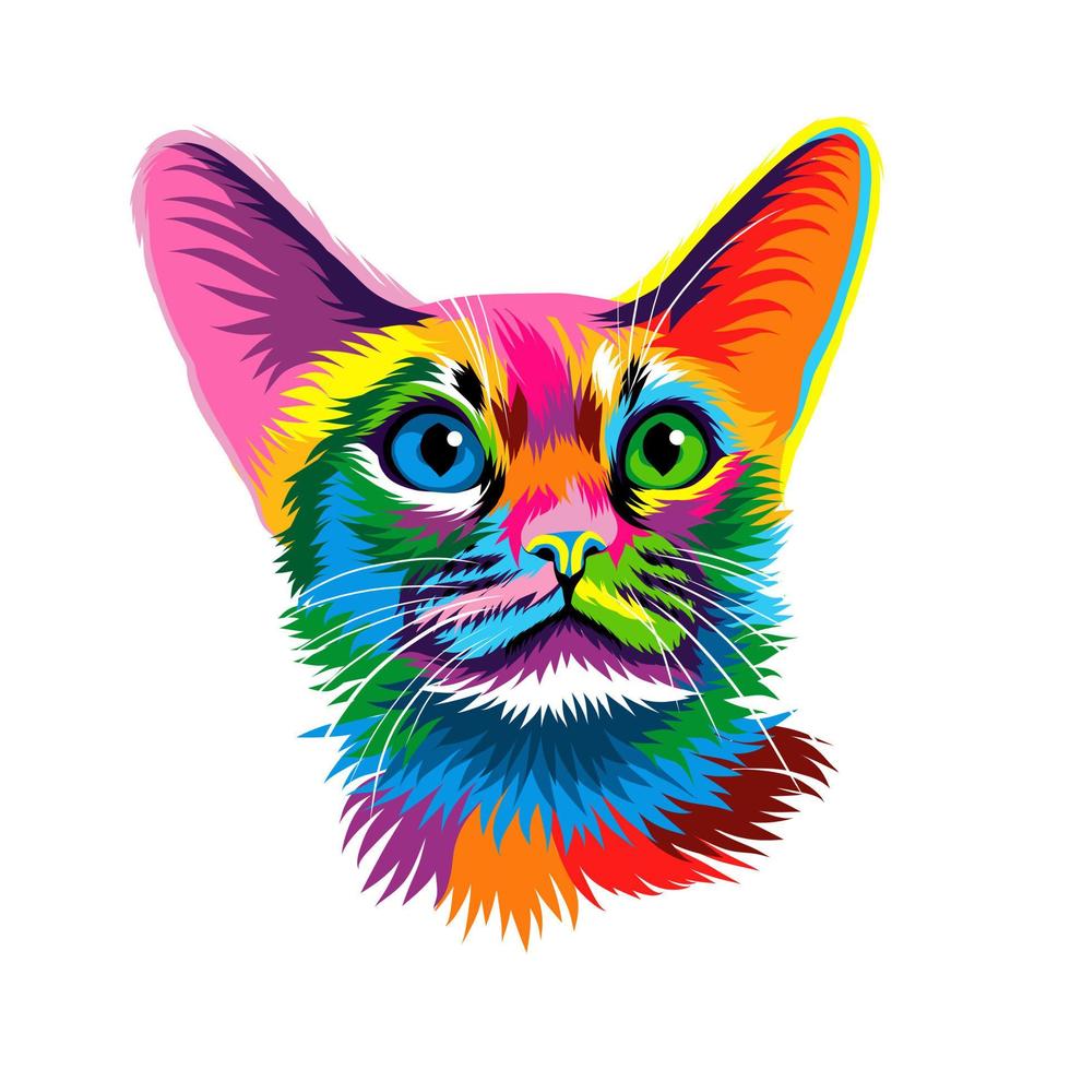 retrato de cabeça de gato oriental abstrato de tintas multicoloridas. desenho colorido de gato abissínio. retrato de um focinho de um gatinho, focinho de um gato. ilustração vetorial de tintas vetor
