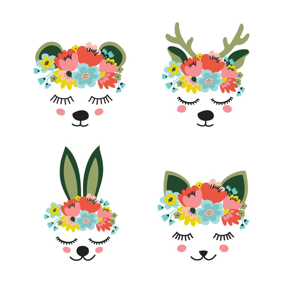 o rosto de um veado fofo, lebre, gatinho e urso, uma coroa de flores na cabeça. olhos de cabeça de animais fechados e sorrindo. ilustração vetorial plana vetor