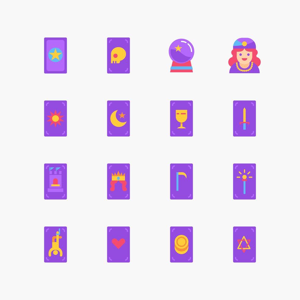 pacote de coleção de ícones plana de cores de cartas de tarô. vetor de design simples