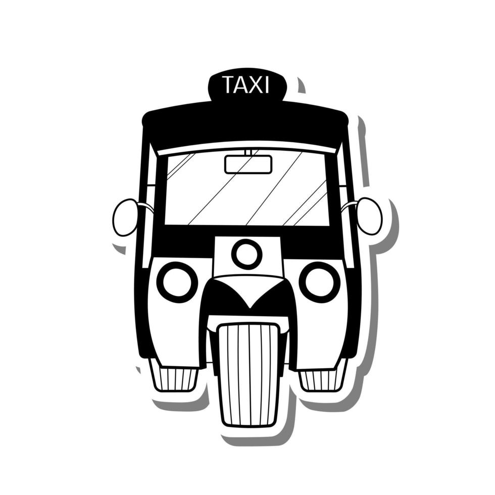triciclo público de táxi pequeno bonito dos desenhos animados na tailândia chamado monocromático 'tuk tuk' na silhueta branca e sombra cinza. ilustração vetorial sobre veículo para qualquer projeto. vetor