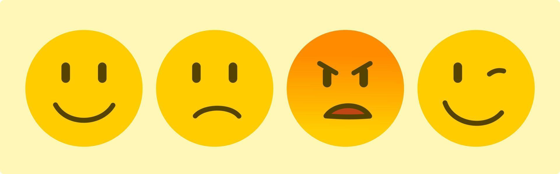 conjunto de emoticon emoji amarelo com quatro emoções, sorriso triste, raiva e confiança, vetor de ícone