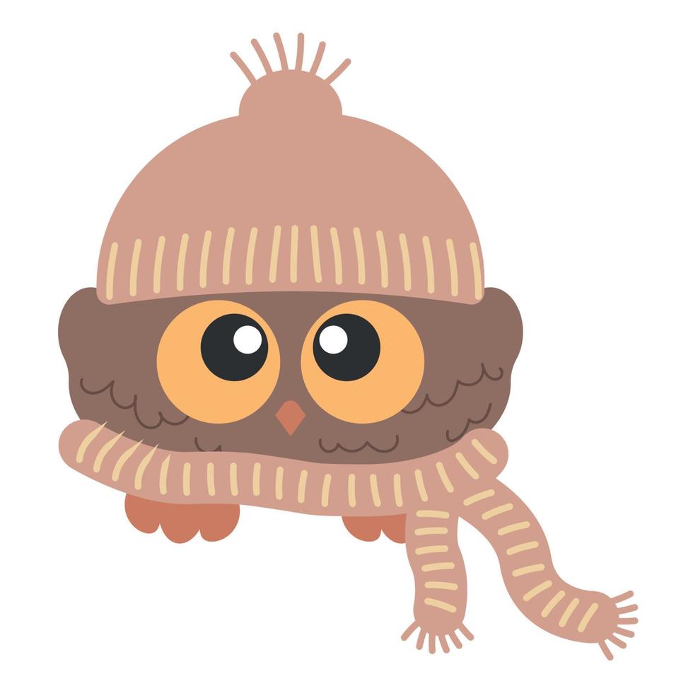 coruja de pássaro bonito com olhos grandes no chapéu de inverno e cachecol vetor