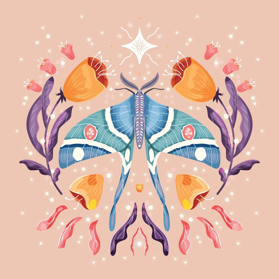 mariposa e motivos florais, design de padrão em simetria. ilustração vetorial plana colorida com mariposa, flores, elementos florais e estrelas. vetor