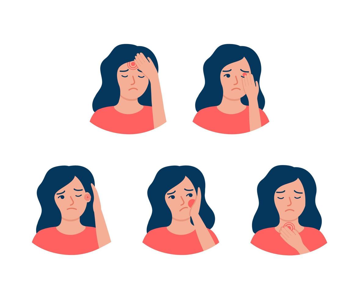 diferentes tipos de dor da mulher, inflamação no corpo. doenças dor de cabeça, dor nos olhos, dor de ouvido, dor de dente, dor de garganta. verifique a saúde. ilustração vetorial vetor