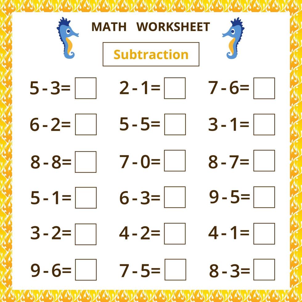worksheet.subtraction.educational jogo de matemática para crianças. vetor