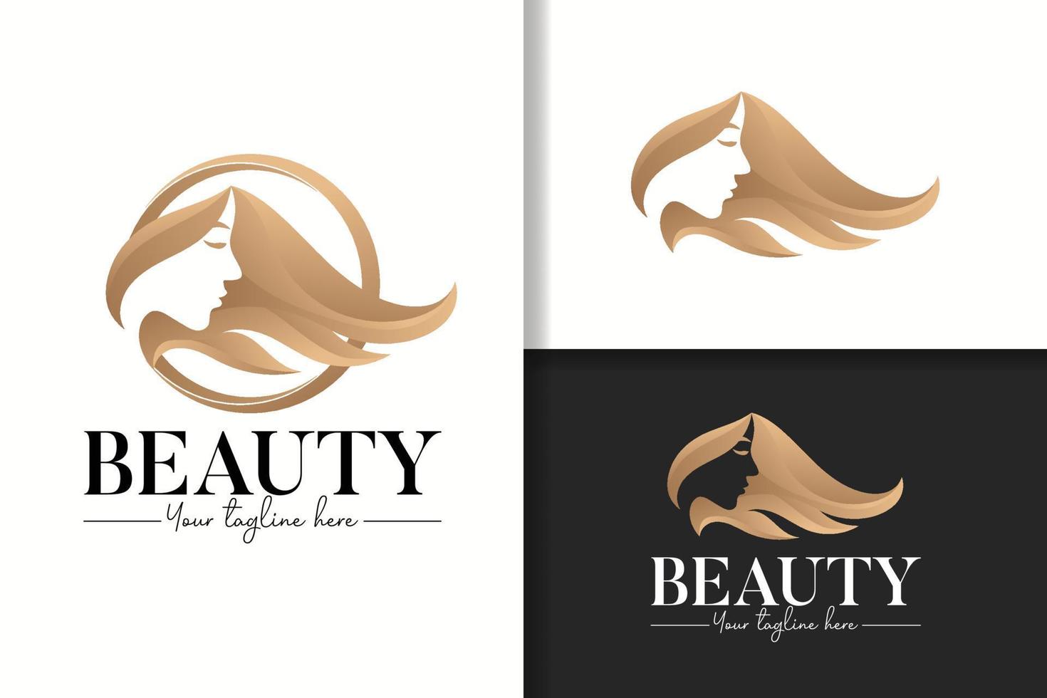 modelo de logotipo de cabelo comprido de mulher de beleza de ouro feminino vetor