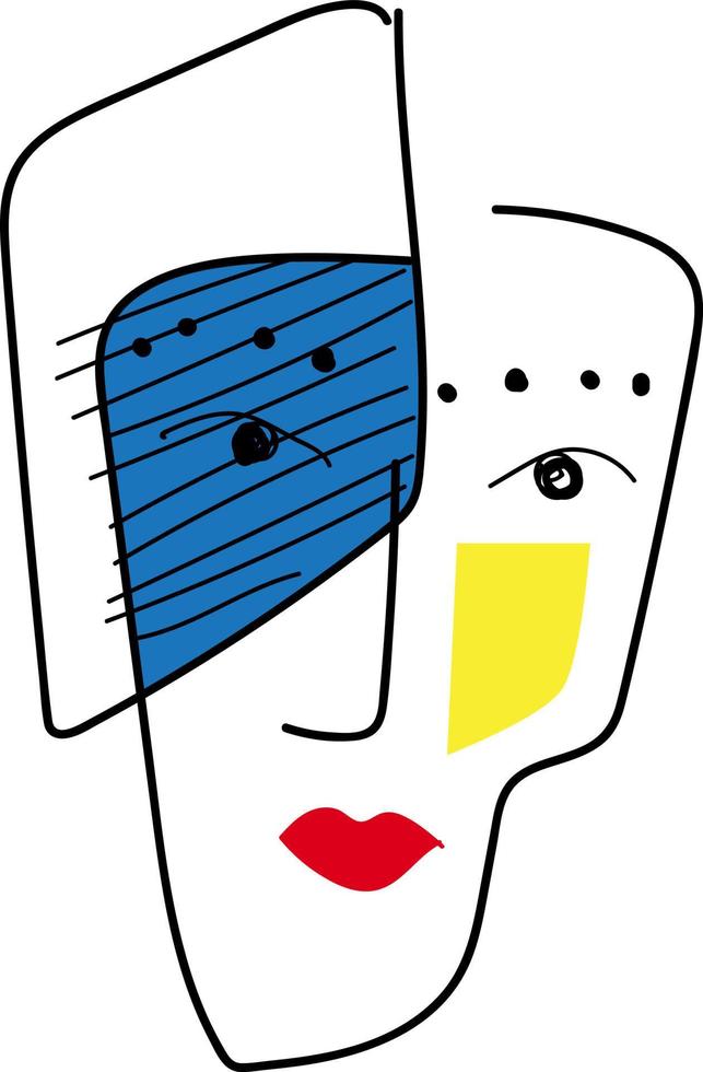 conceito de design de arte simples. desenho geométrico abstrato do rosto com lábios vermelhos e manchas azuis e amarelas brilhantes. estilo elegante minimalista em preto e branco. ilustração vetorial vetor