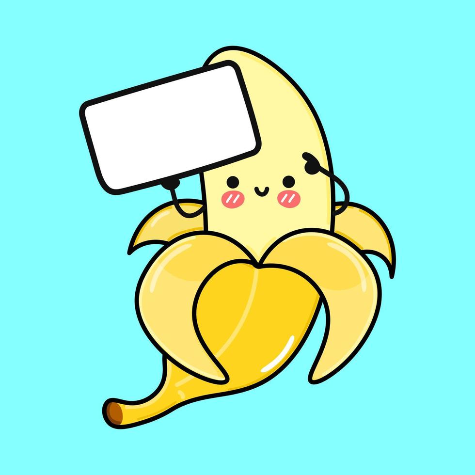 banana engraçada fofa com pôster. vetor mão desenhada ícone de ilustração de personagem kawaii dos desenhos animados. isolado em fundo azul. conceito de pensamento de banana feliz