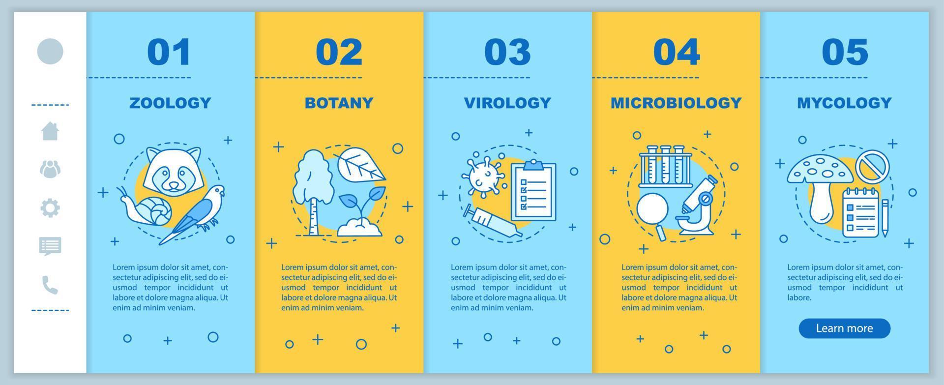 ramos de biologia integrando o modelo de vetor de páginas da web móvel. zoologia, botânica, virologia, microbiologia, micologia. interface de site de smartphone responsivo. tela passo a passo da página da web. conceito de cor