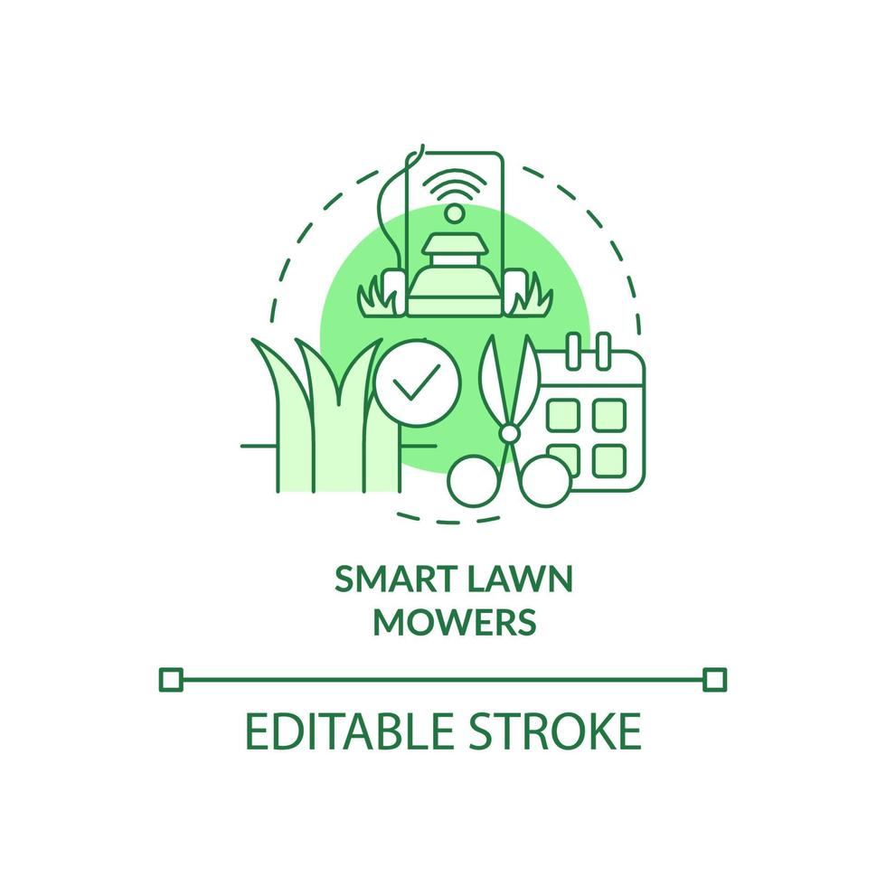 ícone de conceito verde de cortadores de grama inteligente. ilustração de linha fina idéia abstrata de agricultura inteligente. máquina autônoma. desenho de contorno isolado. traço editável. arial, uma miríade de fontes pró-negrito usadas vetor
