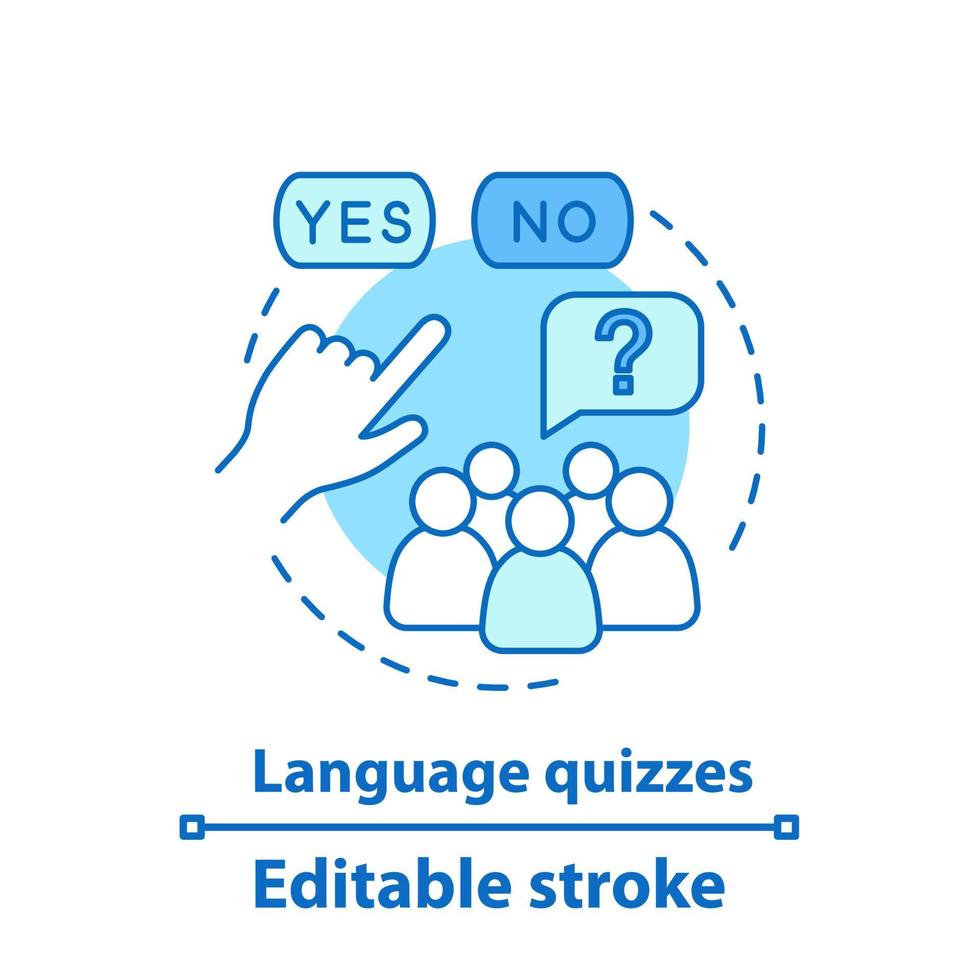 ícone do conceito de jogos de questionários de linguagem. aprender e brincar. ilustração de linha fina de idéia de aprendizagem de língua estrangeira. votação. desenho de contorno isolado de vetor. traço editável vetor