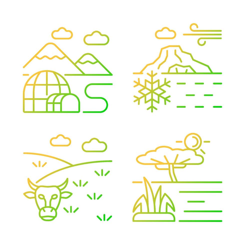 conjunto de ícones de vetor linear gradiente de zonas climáticas. regiões sul e norte. terras árticas. condições climáticas temperadas. pacote de símbolos de contorno de linha fina. coleção de ilustrações de contorno isolado