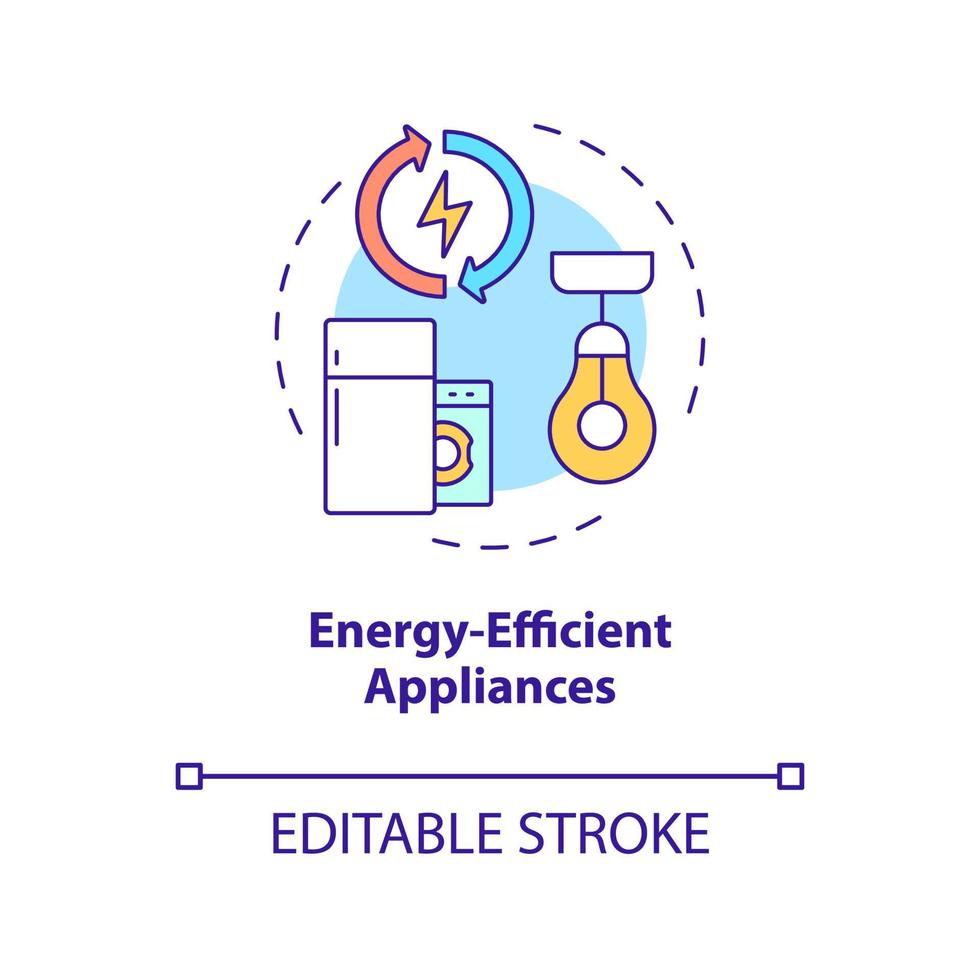 ícone de conceito de aparelhos eficientes de energia. ilustração de linha fina de prevenção de mudanças climáticas idéia abstrata. desenho de contorno isolado. traço editável. roboto-medium, inúmeras fontes pró-negrito usadas vetor