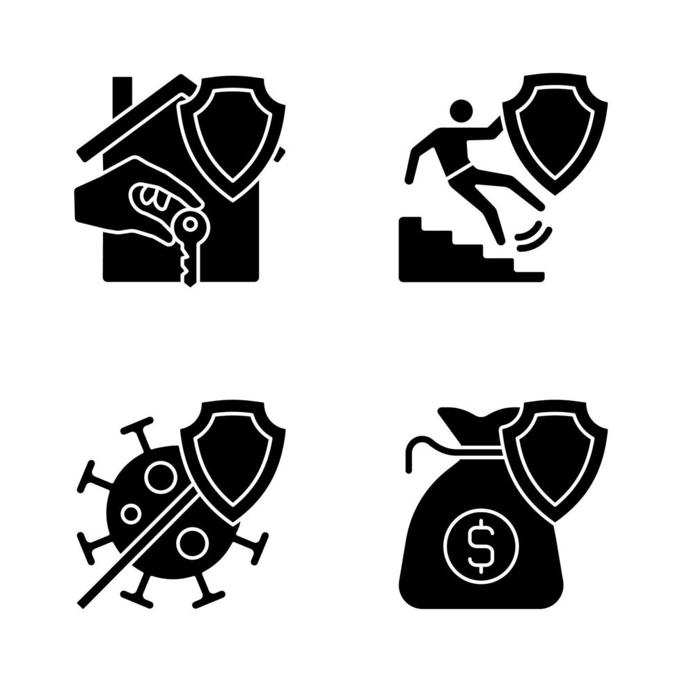 tipos de ícones de glifo preto de casos de seguro definidos no espaço em branco. apoio financeiro em acidentes. apólice de seguro para proteger o cliente. símbolos de silhueta. ilustração vetorial isolada vetor