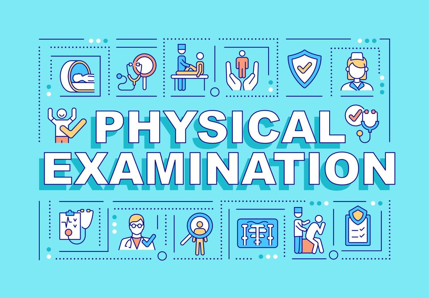 bandeira de conceitos de palavra de exame físico. check up médico. infográficos com ícones lineares sobre fundo azul. tipografia criativa isolada. ilustração de cor de contorno vetorial com texto vetor