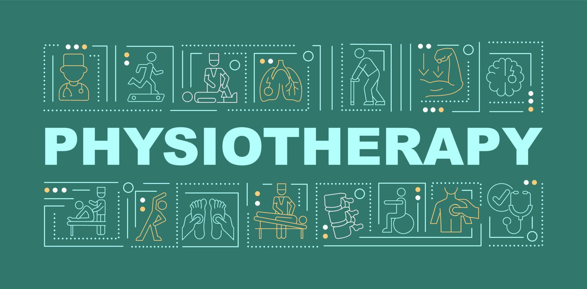 bandeira de conceitos de palavra verde fisioterapia. cuidados com a saúde física. infográficos com ícones lineares sobre fundo azul. tipografia criativa isolada. ilustração de cor de contorno vetorial com texto vetor
