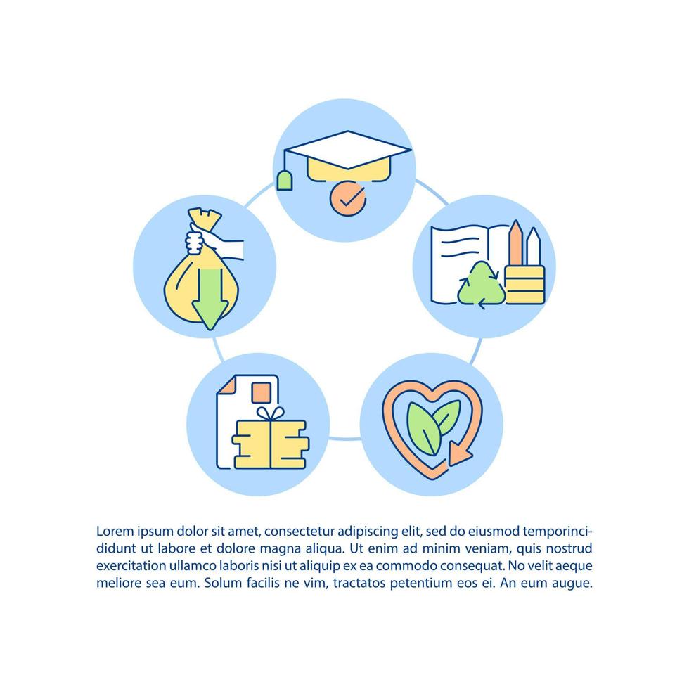 reciclando ícones de linha de conceito de educação com texto. modelo de vetor de página ppt com espaço de cópia. brochura, revista, elemento de design de boletim informativo. amor da natureza ilustrações lineares em branco