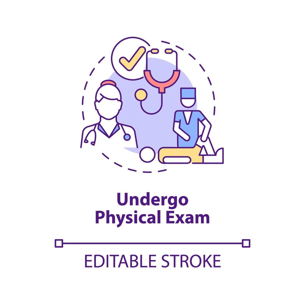 passar por ícone de conceito de exame físico. tratamento de saúde. cheque hospitalar. fisioterapia idéia abstrata ilustração de linha fina. desenho de cor de contorno isolado de vetor. traço editável vetor