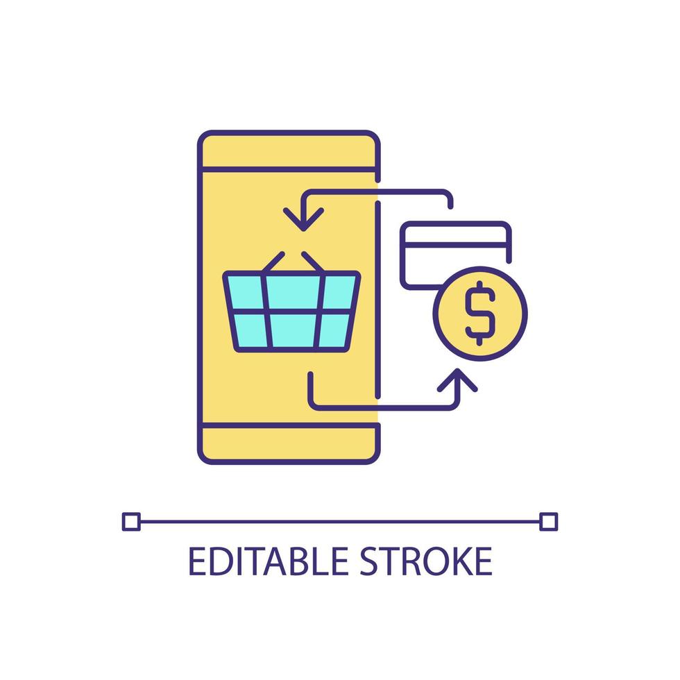 ícone de cor rgb de transações digitais. sistema de pagamento e-commerce. pagar por mercadorias com cartão de crédito. pagamento sem contato. ilustração vetorial isolado. desenho de linha preenchido simples. traço editável vetor