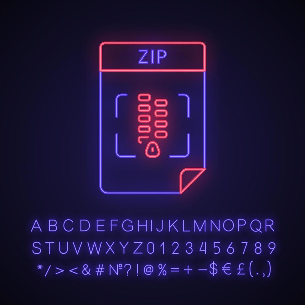 ícone de luz neon do arquivo zip. formato de arquivo de arquivo. sinal brilhante com alfabeto, números e símbolos. ilustração vetorial isolada vetor